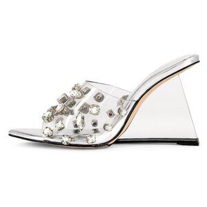 NEW GOOD AMERICAN Made In Brazil Jeweled Wedge Heels clear glass 7253m0